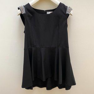 Beaded Shoulder Black Peplum Top, M
